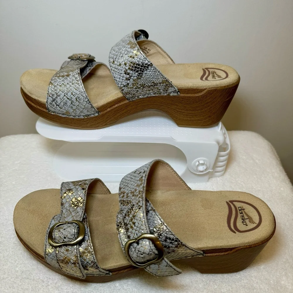 Dansko Sophie Leather Snakeskin‎ Metallic Slide Sandal Double Strap EUR size 41
